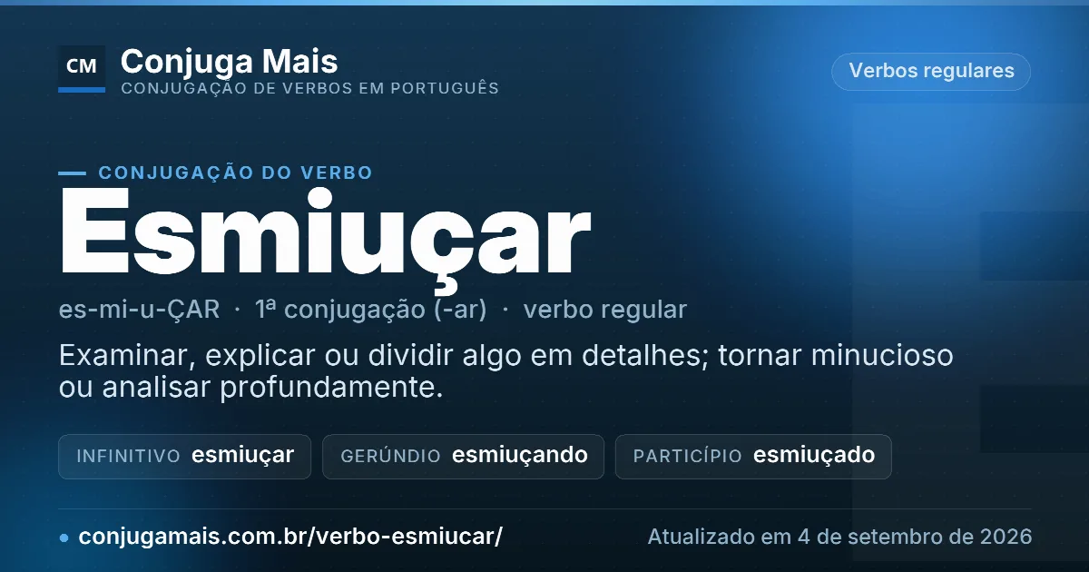Cartão do verbo esmiuçar com definição, formas principais, endereço da página e data de atualização.