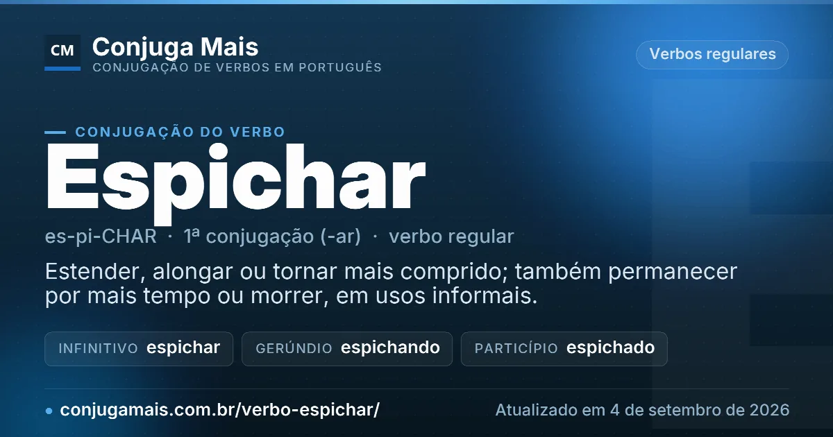 Cartão do verbo espichar com definição, formas principais, endereço da página e data de atualização.