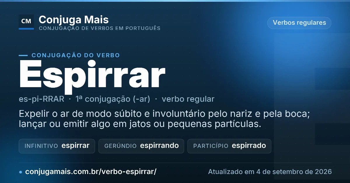 Cartão do verbo espirrar com definição, formas principais, endereço da página e data de atualização.