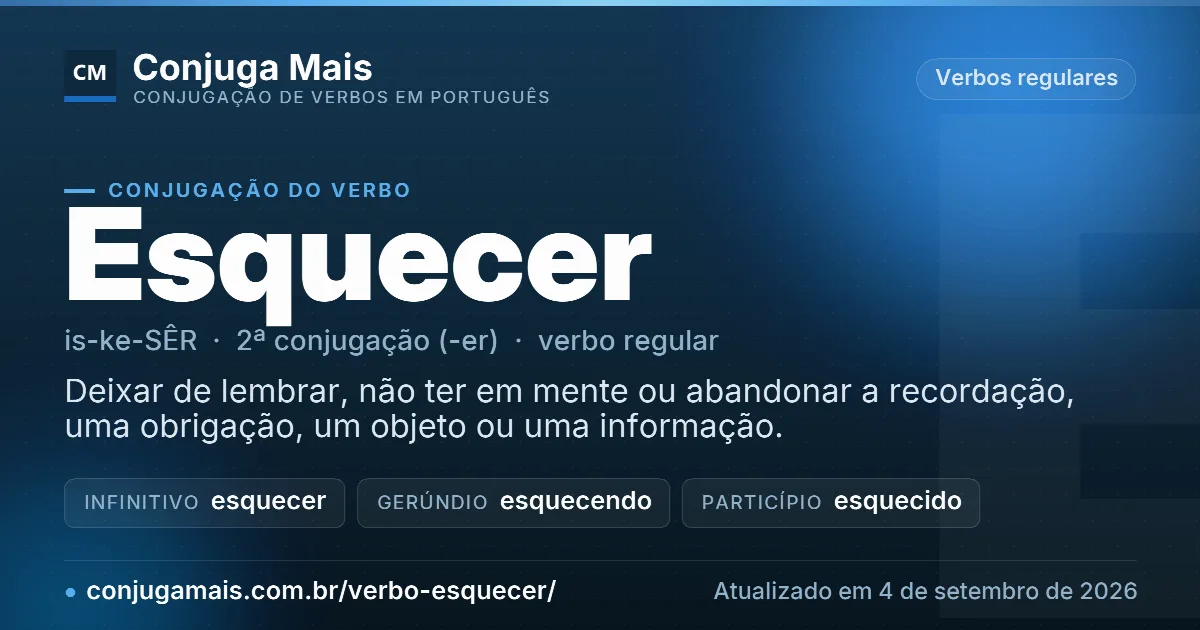 Cartão do verbo esquecer com definição, formas principais, endereço da página e data de atualização.