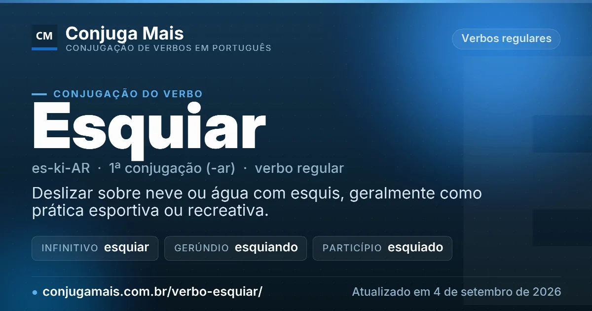 Cartão do verbo esquiar com definição, formas principais, endereço da página e data de atualização.