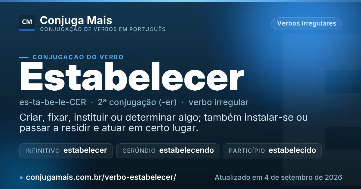 Cartão do verbo estabelecer com definição, formas principais, endereço da página e data de atualização.