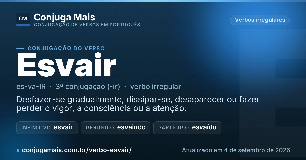 Cartão do verbo esvair com definição, formas principais, endereço da página e data de atualização.