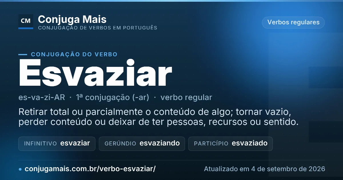Cartão do verbo esvaziar com definição, formas principais, endereço da página e data de atualização.