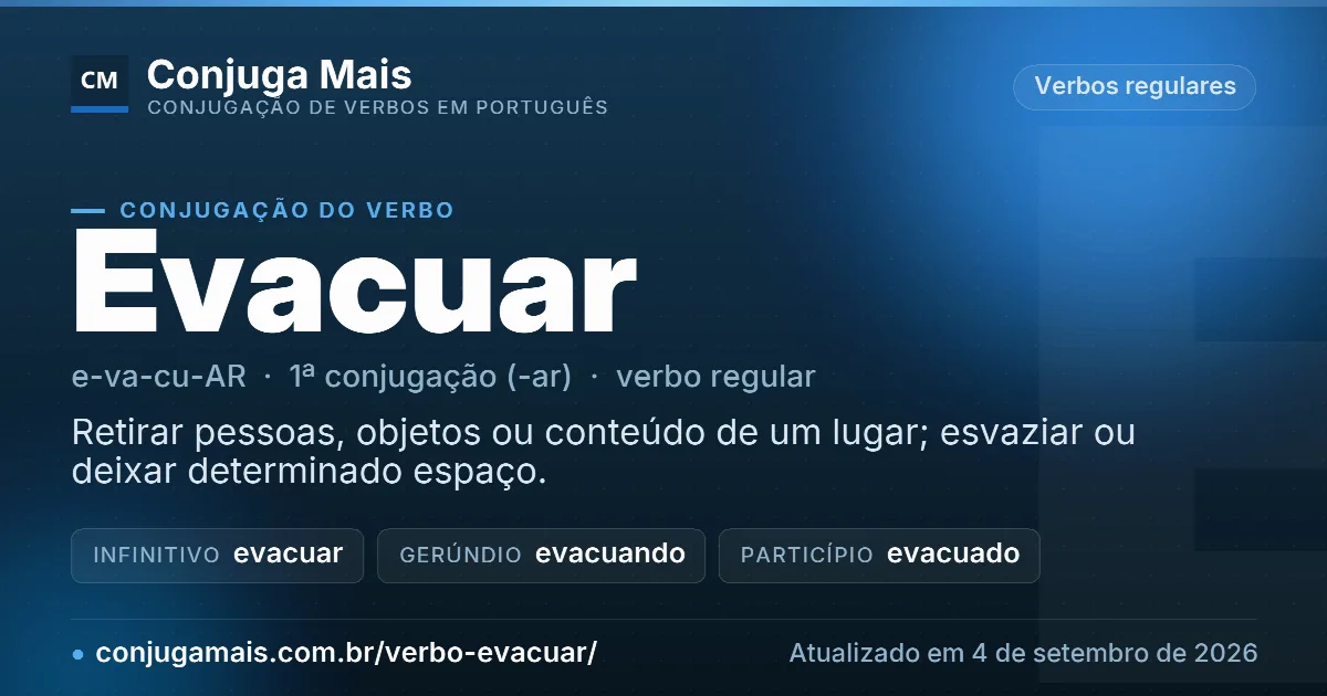 Cartão do verbo evacuar com definição, formas principais, endereço da página e data de atualização.