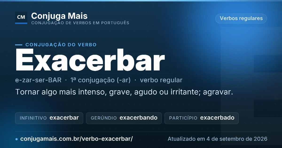 Cartão do verbo exacerbar com definição, formas principais, endereço da página e data de atualização.