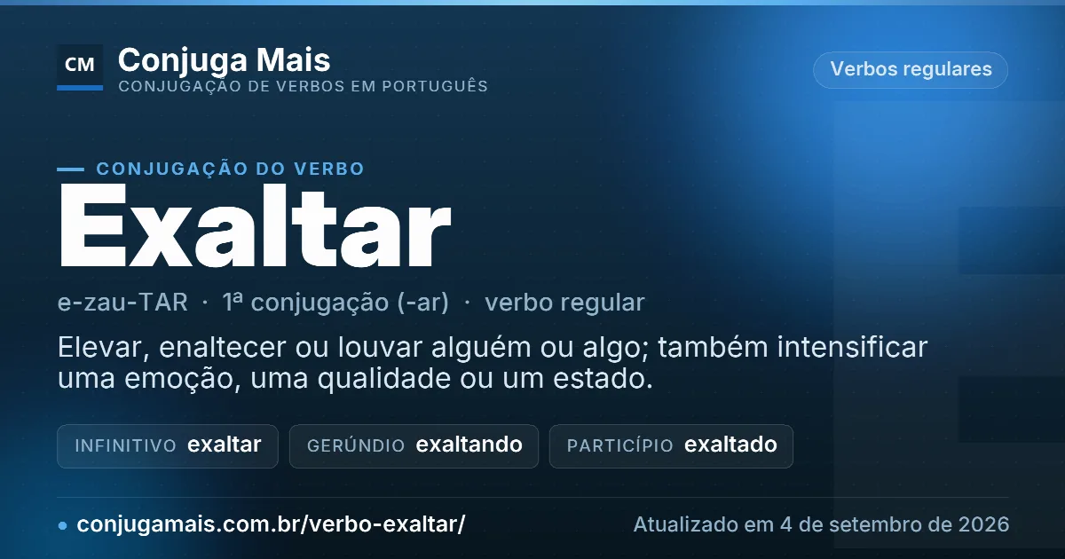 Cartão do verbo exaltar com definição, formas principais, endereço da página e data de atualização.