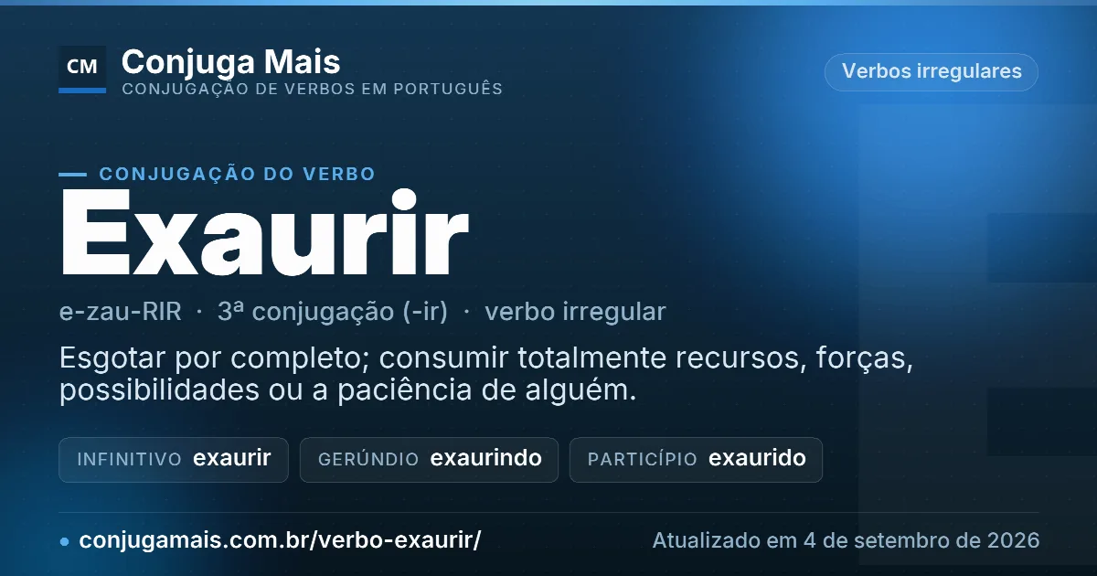 Cartão do verbo exaurir com definição, formas principais, endereço da página e data de atualização.