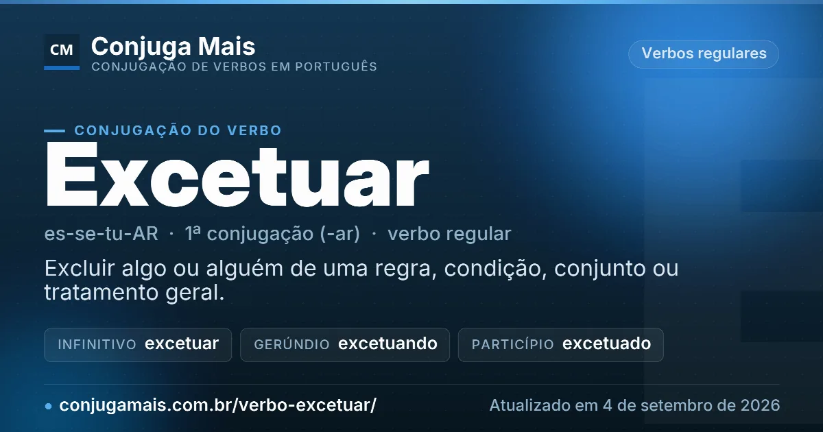 Cartão do verbo excetuar com definição, formas principais, endereço da página e data de atualização.