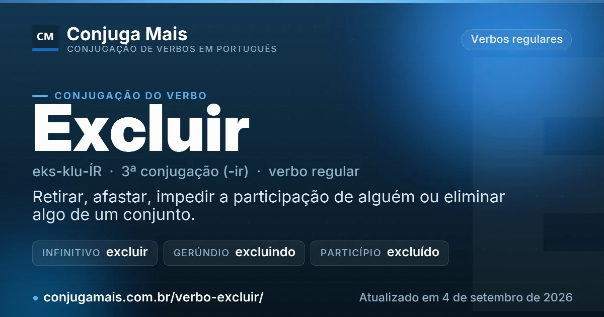 Cartão do verbo excluir com definição, formas principais, endereço da página e data de atualização.