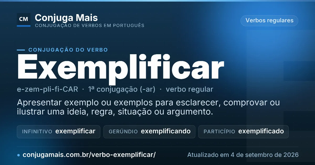Cartão do verbo exemplificar com definição, formas principais, endereço da página e data de atualização.