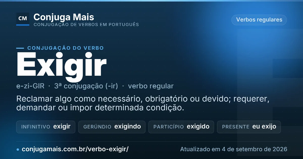 Cartão do verbo exigir com definição, formas principais, endereço da página e data de atualização.