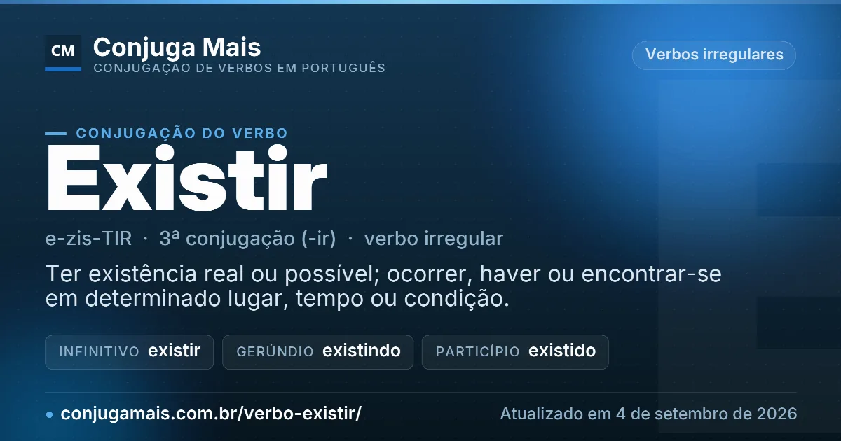 Cartão do verbo existir com definição, formas principais, endereço da página e data de atualização.