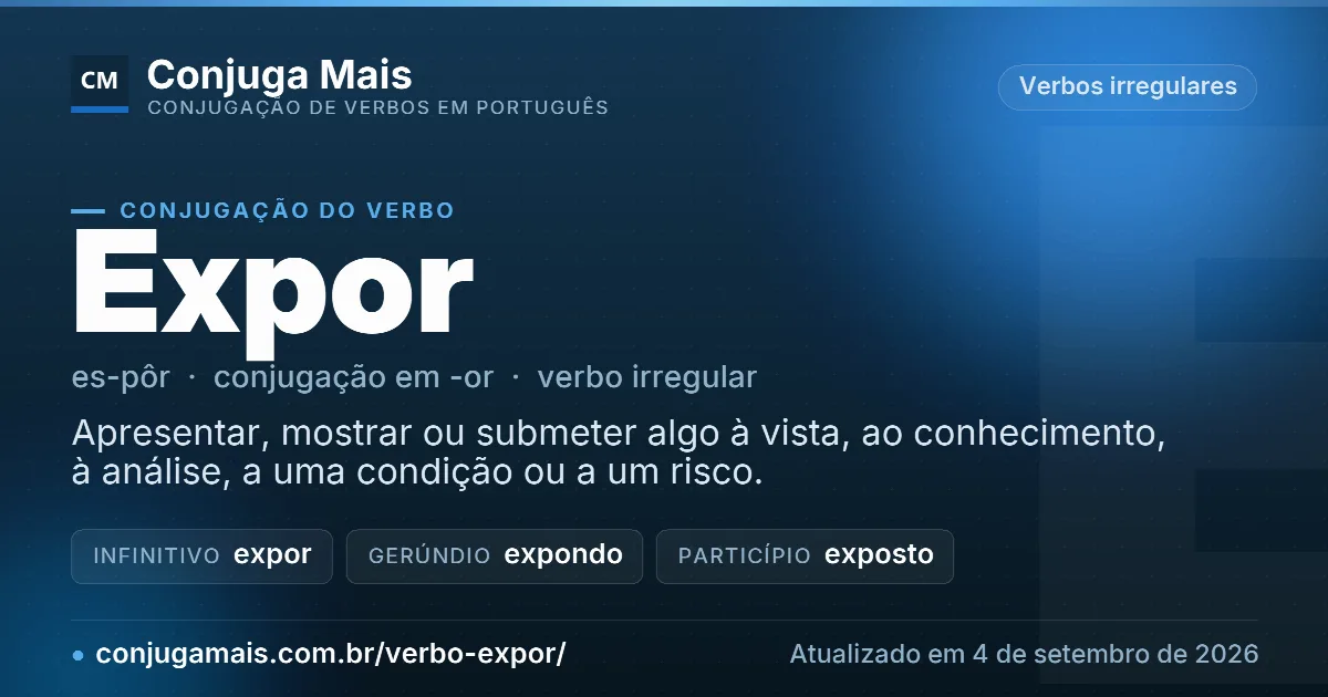 Cartão do verbo expor com definição, formas principais, endereço da página e data de atualização.