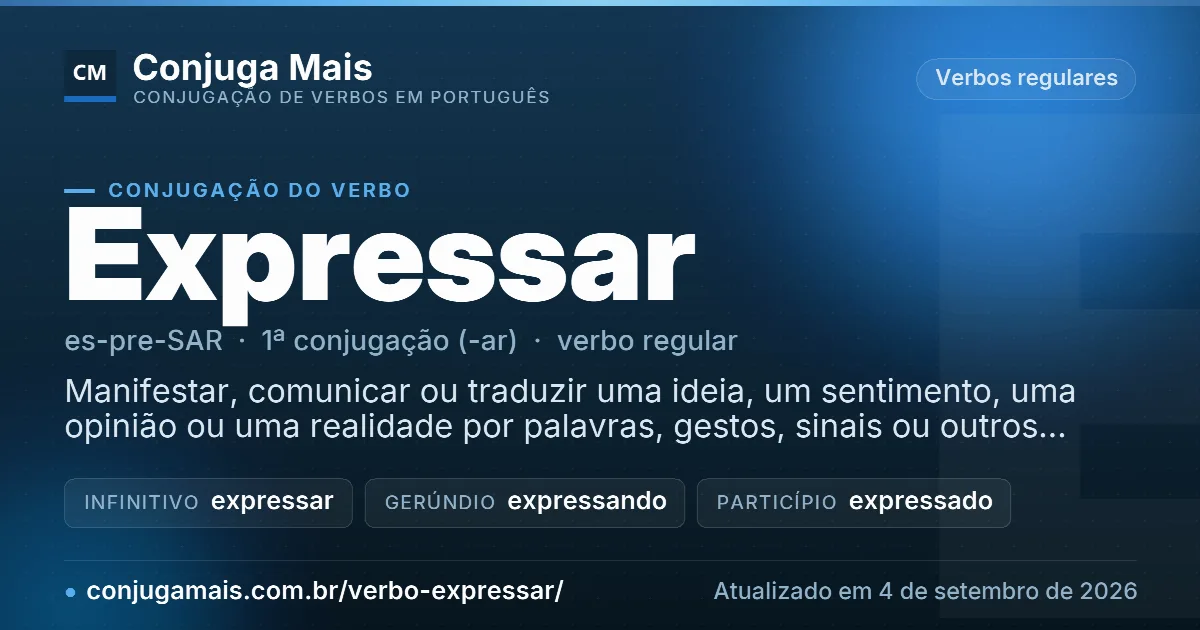 Cartão do verbo expressar com definição, formas principais, endereço da página e data de atualização.