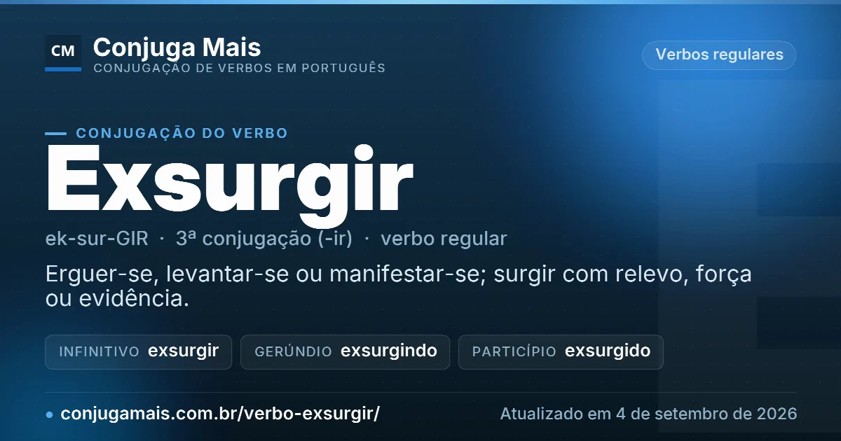 Cartão do verbo exsurgir com definição, formas principais, endereço da página e data de atualização.