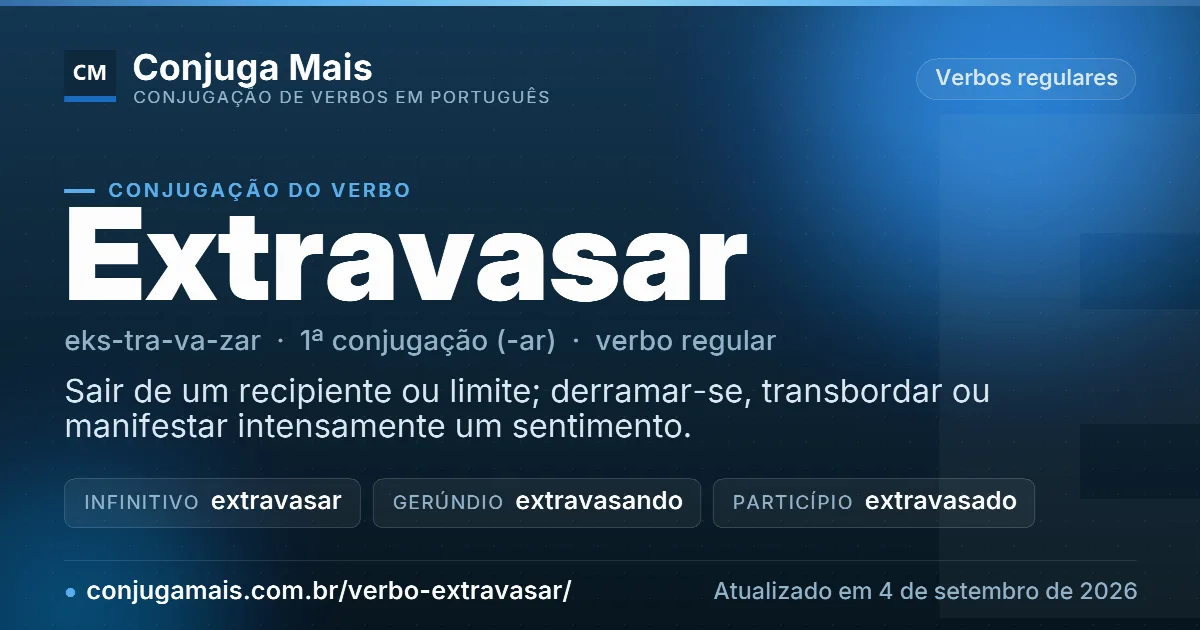 Cartão do verbo extravasar com definição, formas principais, endereço da página e data de atualização.