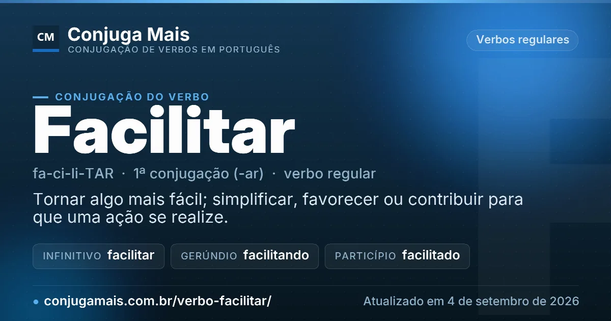 Cartão do verbo facilitar com definição, formas principais, endereço da página e data de atualização.