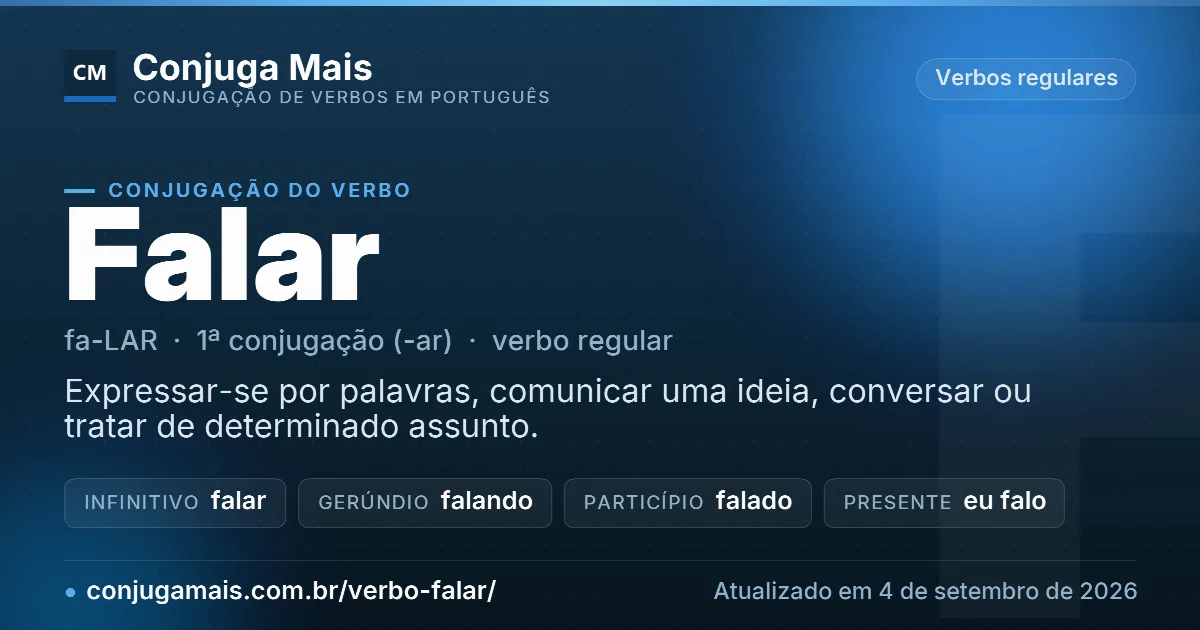 Cartão do verbo falar com definição, formas principais, endereço da página e data de atualização.