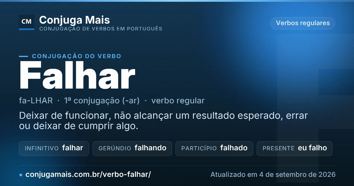 Cartão do verbo falhar com definição, formas principais, endereço da página e data de atualização.