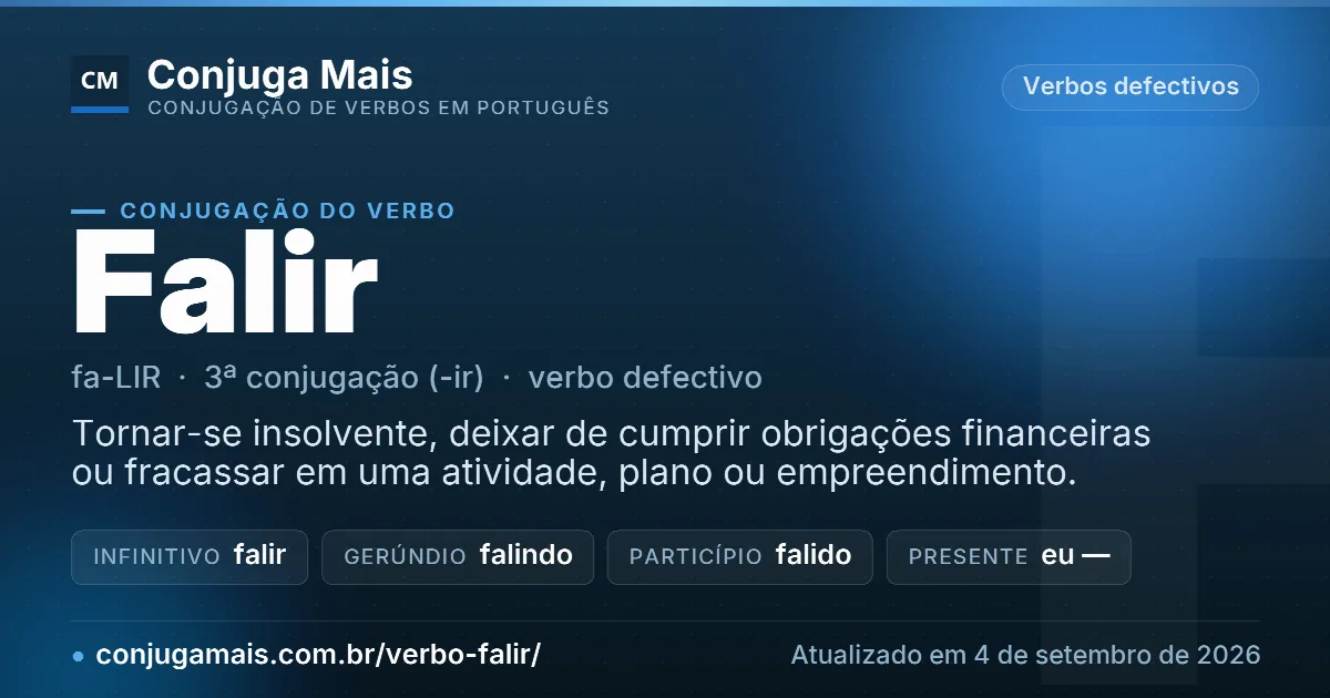 Cartão do verbo falir com definição, formas principais, endereço da página e data de atualização.