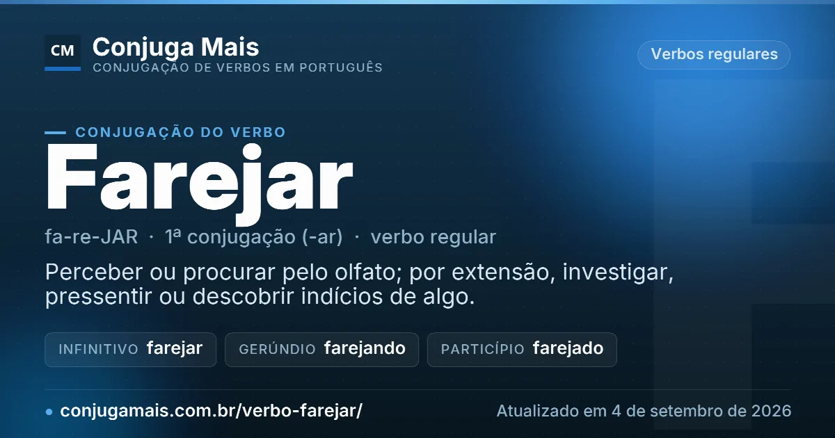 Cartão do verbo farejar com definição, formas principais, endereço da página e data de atualização.