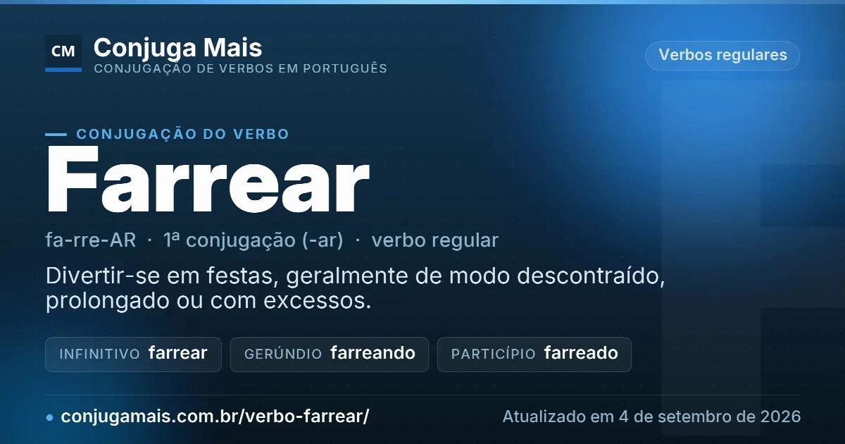 Cartão do verbo farrear com definição, formas principais, endereço da página e data de atualização.