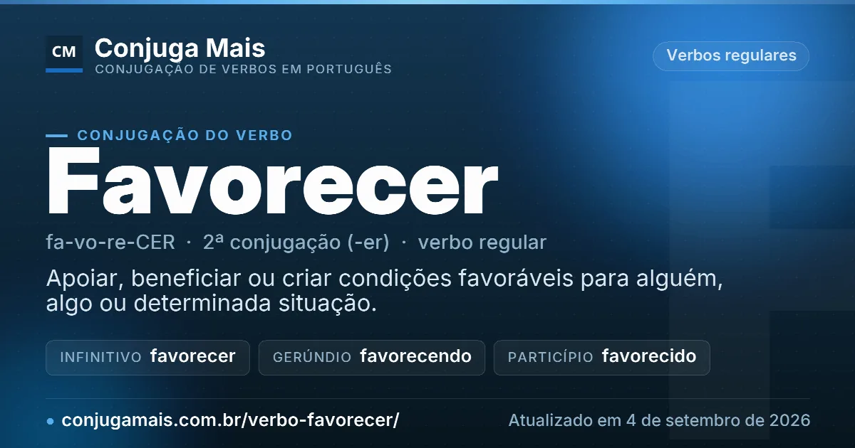 Cartão do verbo favorecer com definição, formas principais, endereço da página e data de atualização.