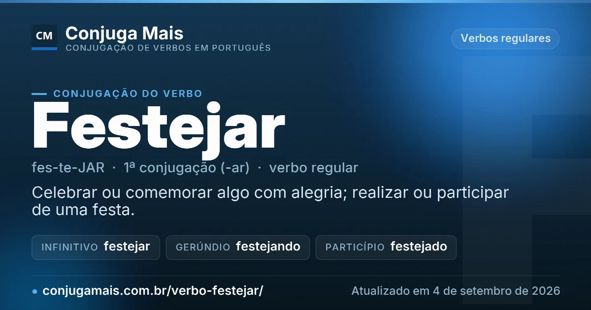 Cartão do verbo festejar com definição, formas principais, endereço da página e data de atualização.