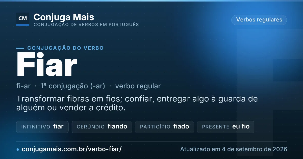 Cartão do verbo fiar com definição, formas principais, endereço da página e data de atualização.