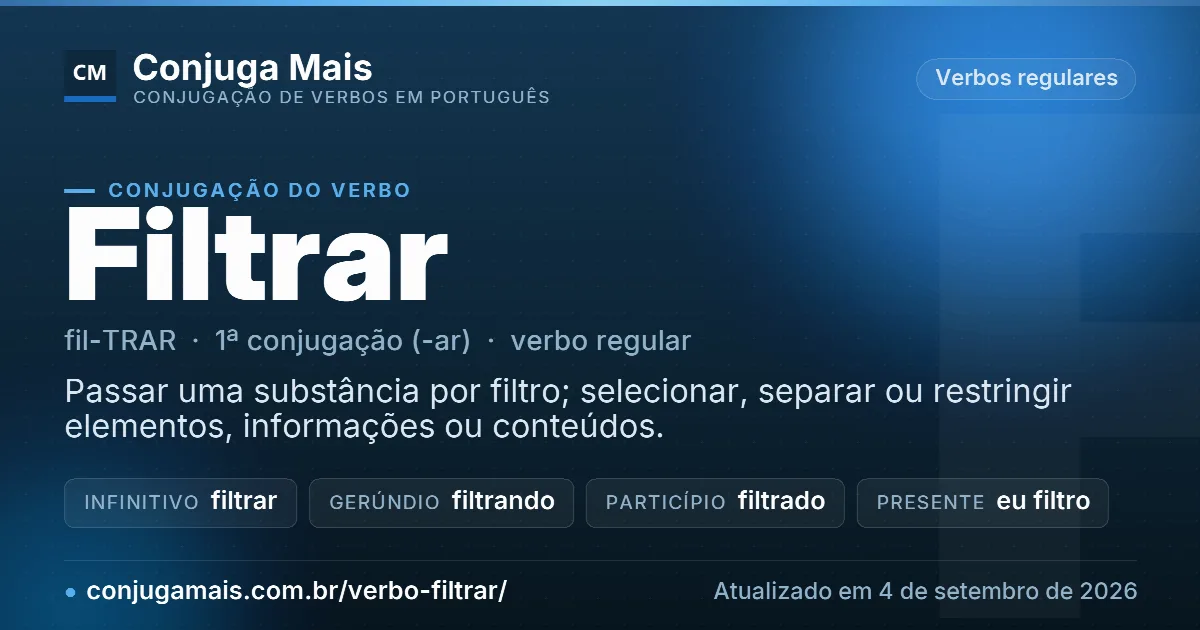 Cartão do verbo filtrar com definição, formas principais, endereço da página e data de atualização.