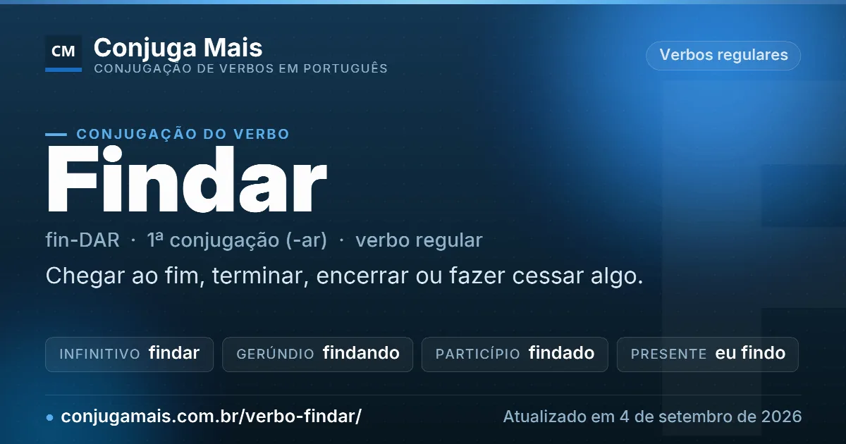 Cartão do verbo findar com definição, formas principais, endereço da página e data de atualização.