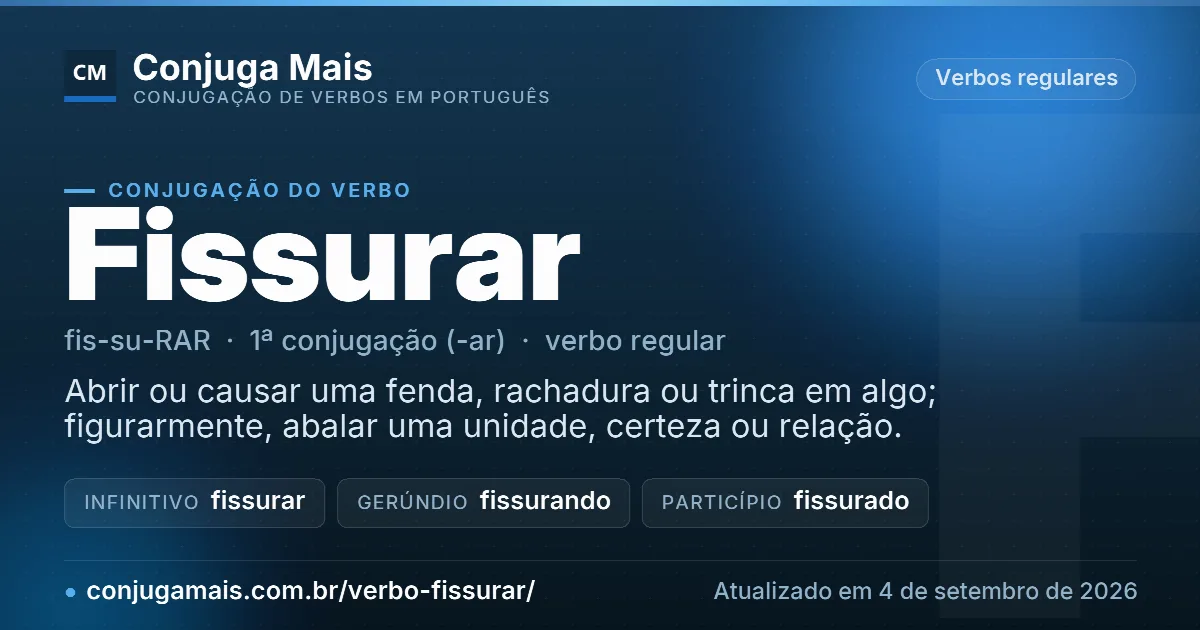 Cartão do verbo fissurar com definição, formas principais, endereço da página e data de atualização.