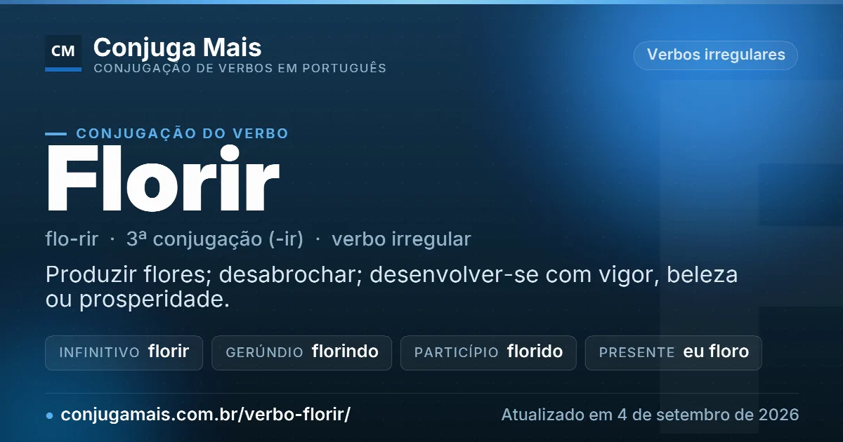 Cartão do verbo florir com definição, formas principais, endereço da página e data de atualização.