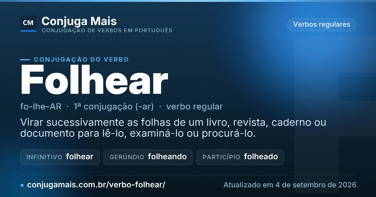 Cartão do verbo folhear com definição, formas principais, endereço da página e data de atualização.