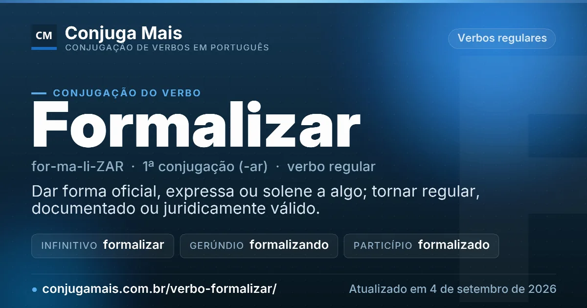 Cartão do verbo formalizar com definição, formas principais, endereço da página e data de atualização.