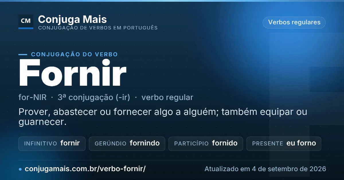 Cartão do verbo fornir com definição, formas principais, endereço da página e data de atualização.