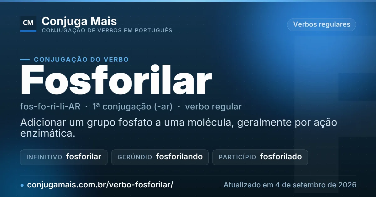 Cartão do verbo fosforilar com definição, formas principais, endereço da página e data de atualização.
