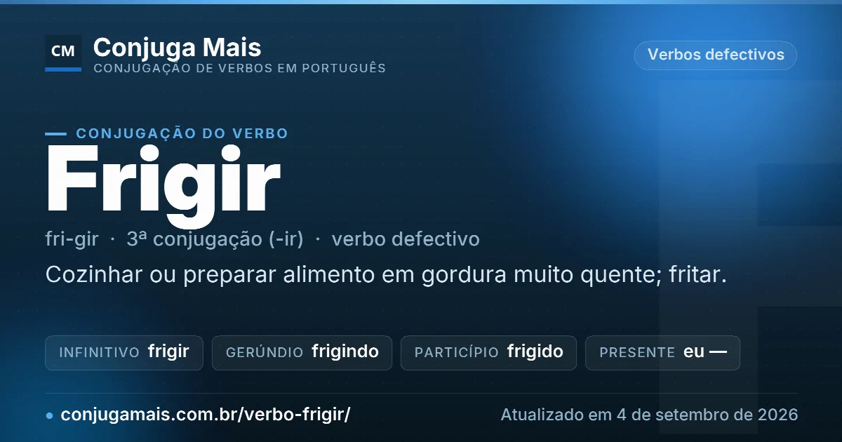 Cartão do verbo frigir com definição, formas principais, endereço da página e data de atualização.