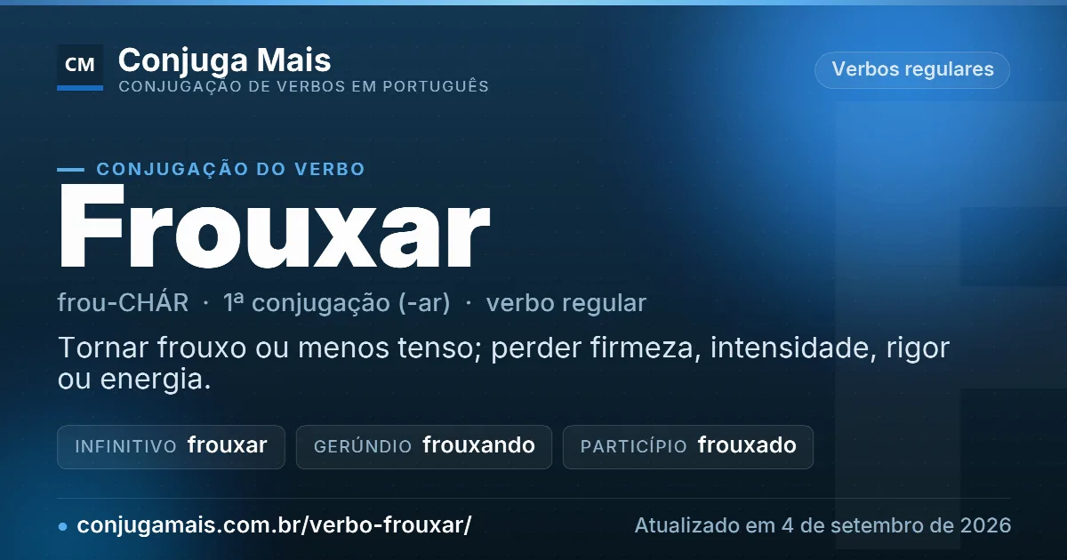 Cartão do verbo frouxar com definição, formas principais, endereço da página e data de atualização.
