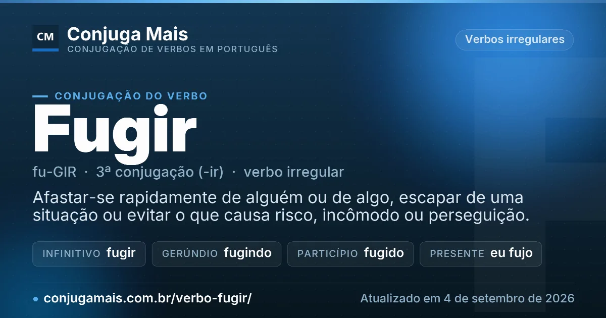 Cartão do verbo fugir com definição, formas principais, endereço da página e data de atualização.