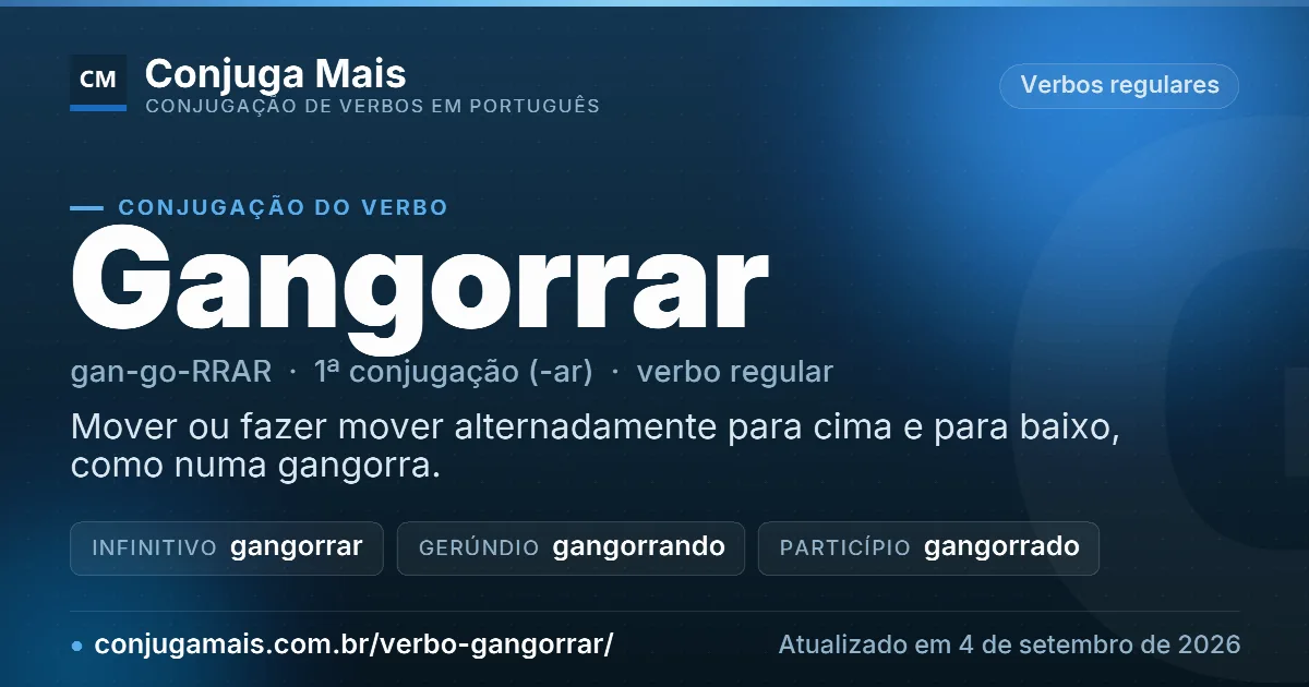 Cartão do verbo gangorrar com definição, formas principais, endereço da página e data de atualização.