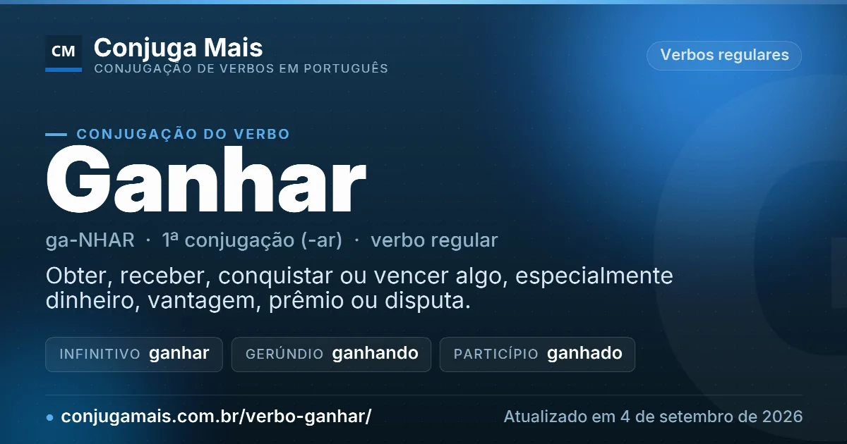 Cartão do verbo ganhar com definição, formas principais, endereço da página e data de atualização.