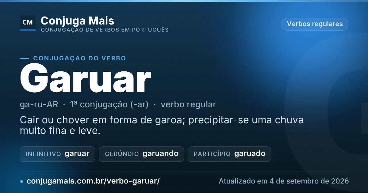 Cartão do verbo garuar com definição, formas principais, endereço da página e data de atualização.