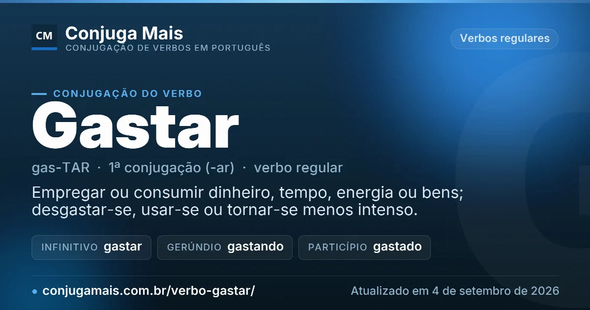 Cartão do verbo gastar com definição, formas principais, endereço da página e data de atualização.