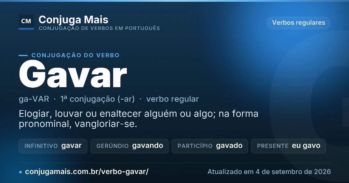 Cartão do verbo gavar com definição, formas principais, endereço da página e data de atualização.