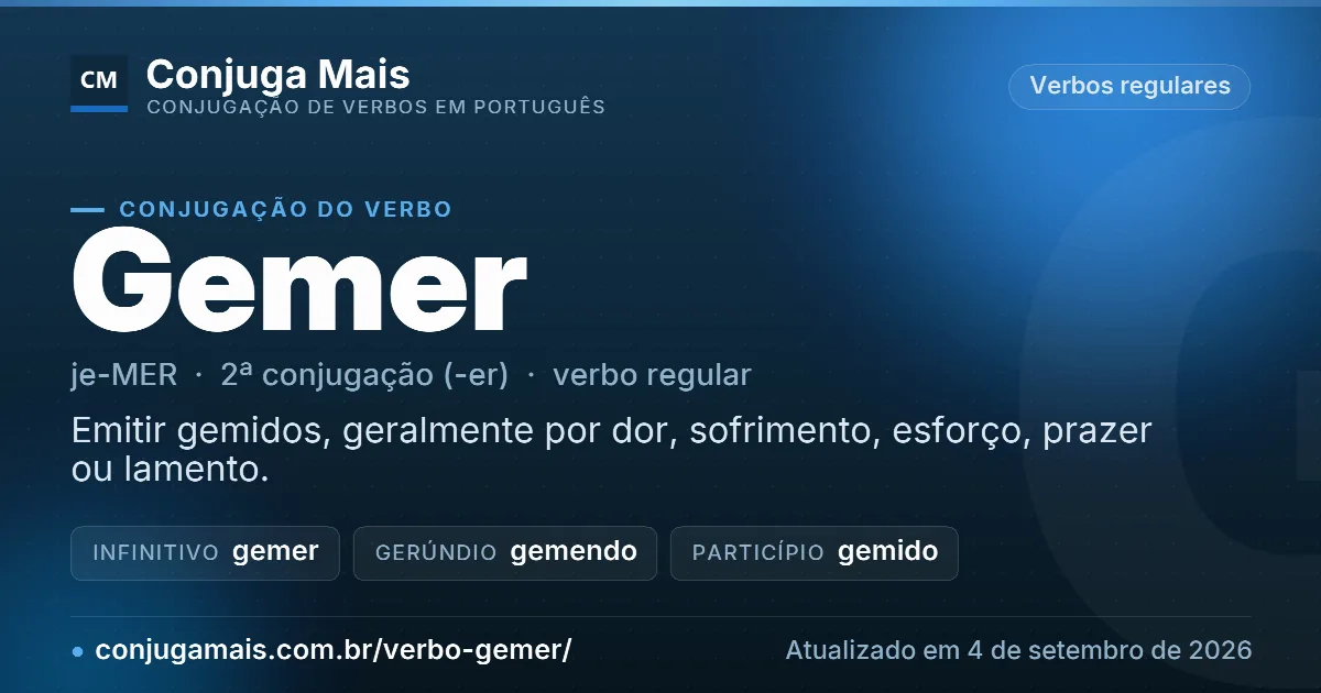 Cartão do verbo gemer com definição, formas principais, endereço da página e data de atualização.