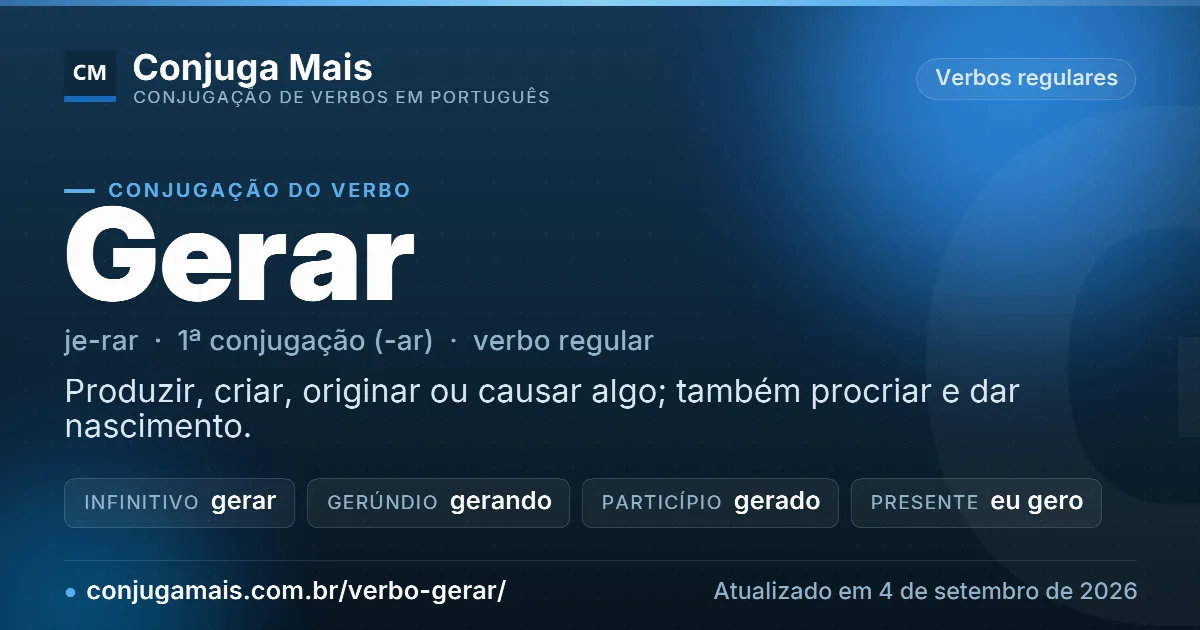 Cartão do verbo gerar com definição, formas principais, endereço da página e data de atualização.
