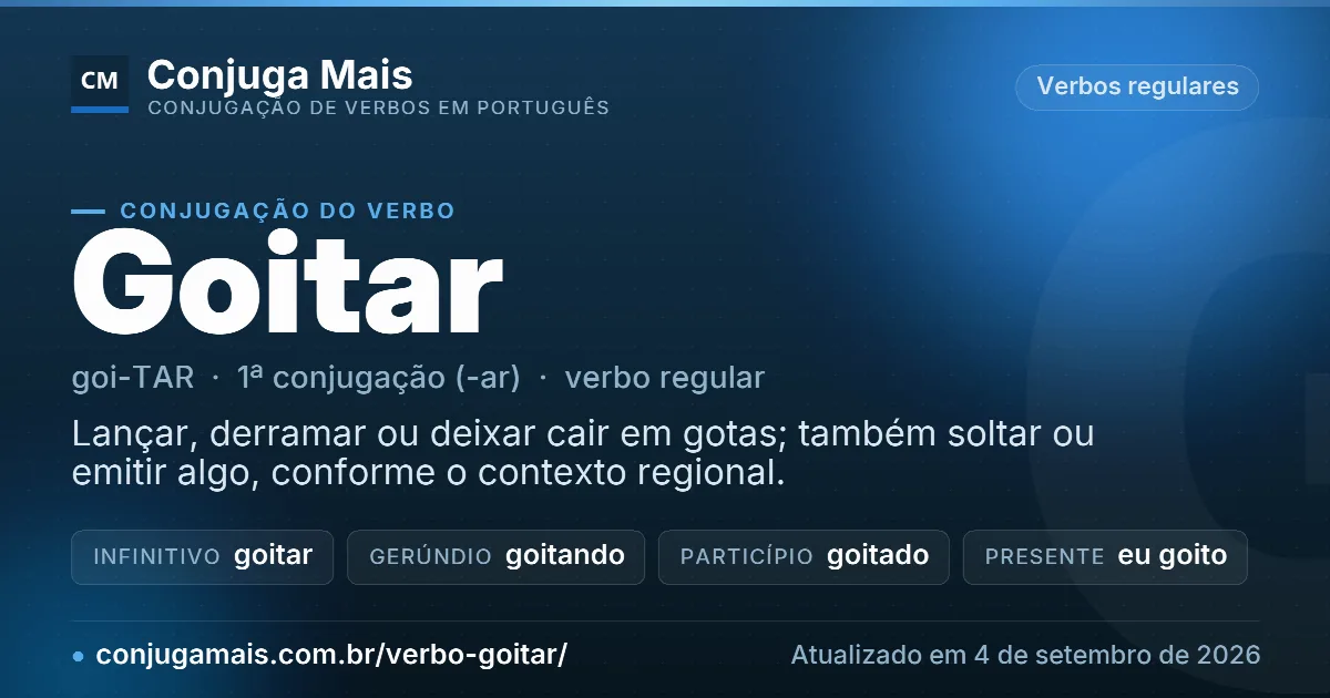 Cartão do verbo goitar com definição, formas principais, endereço da página e data de atualização.