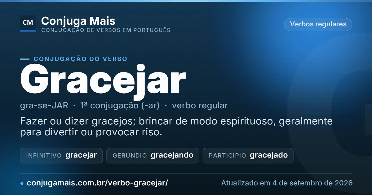 Cartão do verbo gracejar com definição, formas principais, endereço da página e data de atualização.